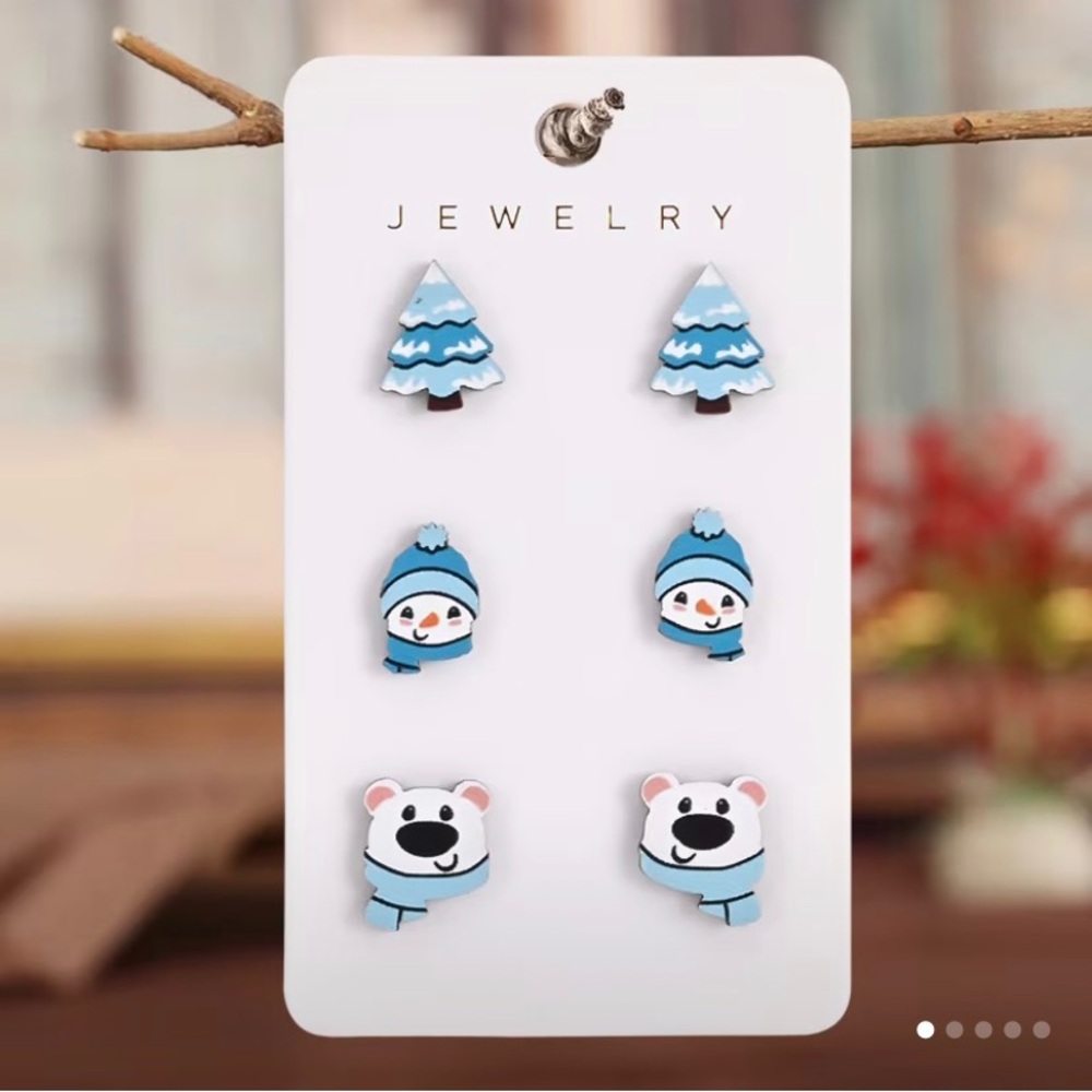 Winter Themed Blue&White 3 Pack Tree, Snowman & Polar Bear Wooden Stud Earrings
